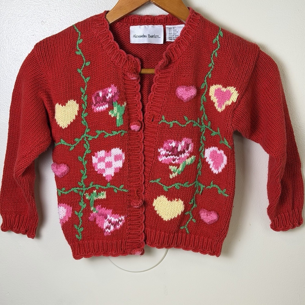 Vintage Alexandra Bartlett Girls M Cottage Core Cardigan Red Embroidered